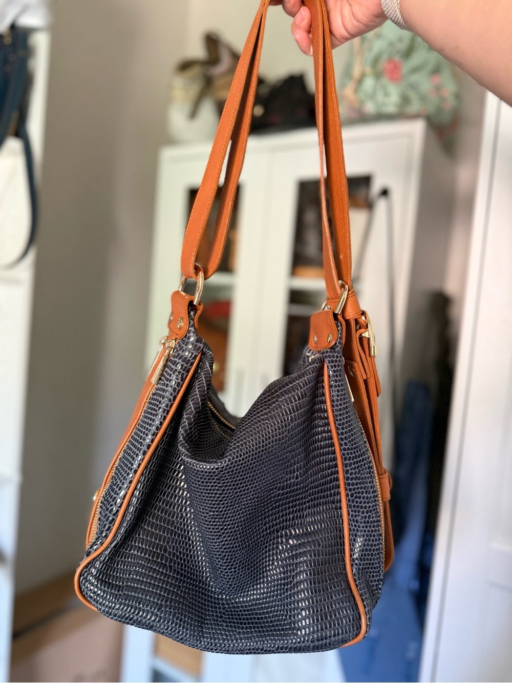 Valentina Black Textured Shoulder Bag with Tan Trim